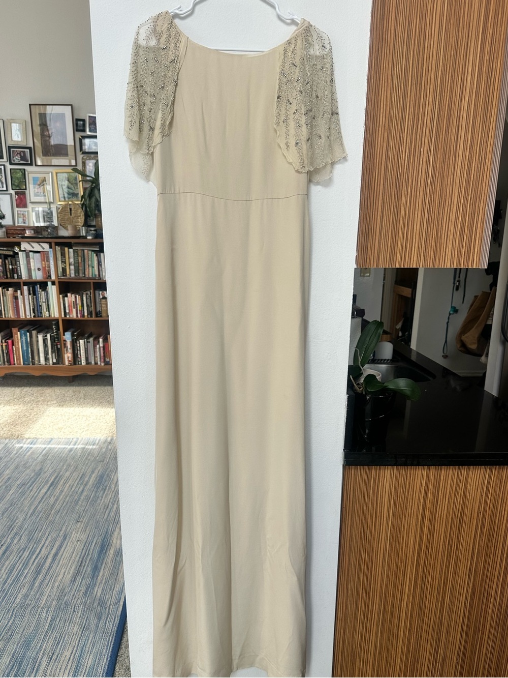 Elegant Cream 100% silk Maxi Dress with Lace Flutter Sleeves -believe it’s BHLDN